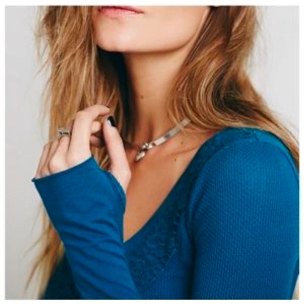 Free People Vintage Blue Lacey Applique Long Sleeve Thermal - Picture 9 of 10